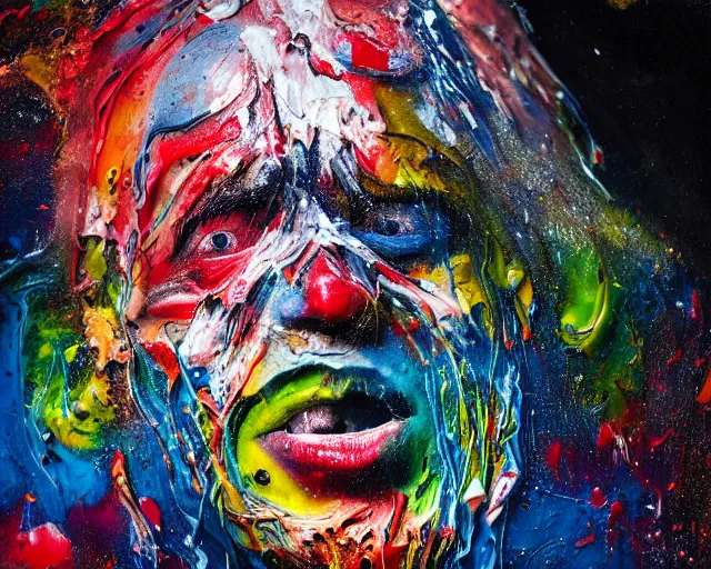 Image similar to abstract expressionist portrait of a head showing strong negative emotions painted with very thick impasto paint and acrylic pour and coloured powder explosion and splashing paint and dripping paint and flying paint chunks, motion blur, hyperrealistic, intricate art photography, anatomically correct, realistic crisp textures, dramatic lighting,