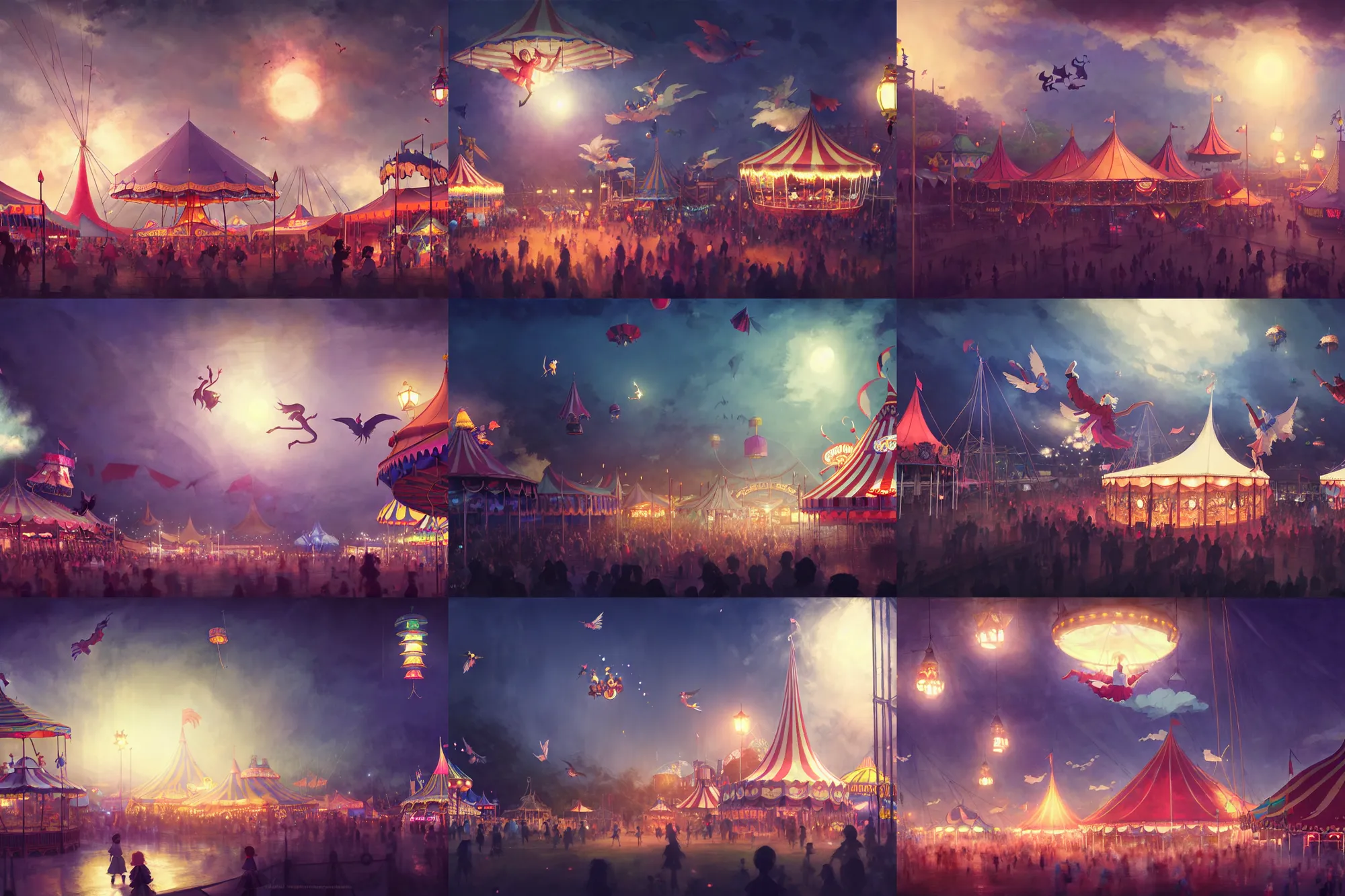 Prompt: young witches flying above a carnival, witchlight carnival amusement park, big top circus tent, night time, rim light, studio ghibli style, high octane filter, 8 k, highly detailed, digital painting, concept art, matte, art by ruan jia and wlop and greg rutkowski and makoto shinkai, masterpiece