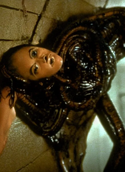 Image similar to film still of Salma Hayek being held against a wall by a predator in the movie Alien.