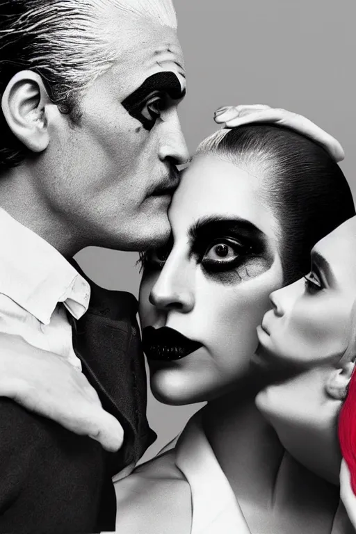 Prompt: detailed conceptual photography lady gaga kissing joaquin phoenix a footage from new joker movie / dramatically / intricate / sharp focus / model / yellow lighting / red beam / rendered / center of interest