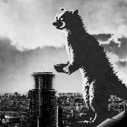 Image similar to red panda destroying tokyo in the style of the movie godzilla, cinematic lighting, cinematic framing and shadows 1 9 7 0 s aesthetic