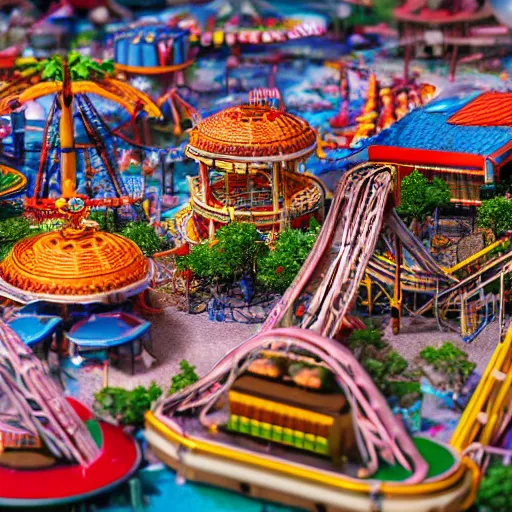 Prompt: a macro photo of a very detailed miniature model of an amusement park, close - up, intricately detailed buildings, cars and people, intricately detailed markings, intricate textures, warm lighting, vivid colors, realistic octane render, hyper realistic render, volumetric shading, depth of field, raytracing, 8 k,