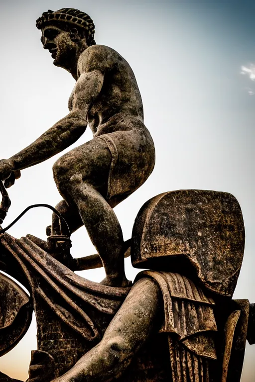 Image similar to photo of the ancient statue of biker on the ancient bike, symmetrical, cinematic, real dlsr photography, sharp focus, 4 k, ultra hd, sense of awe, archeology journal cover