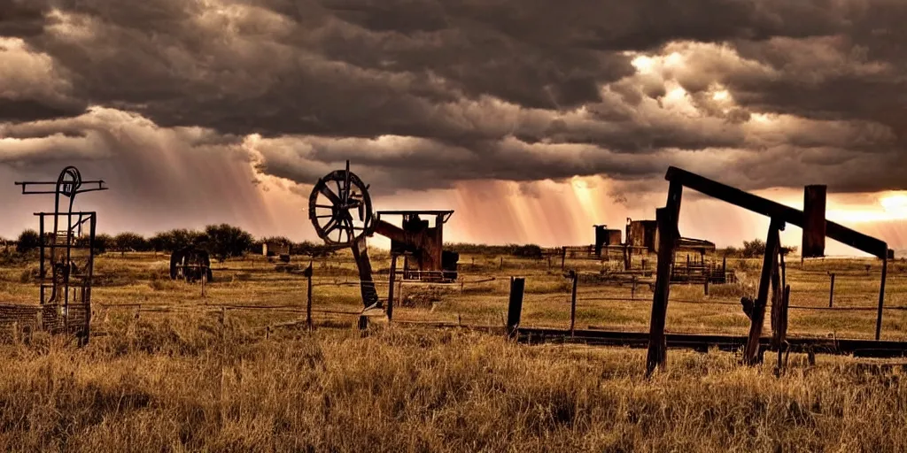 Prompt: photo of a stormy west texas sunset, perfect rustic ( ( pumpjack ) ), abandoned train, horses, cows, high resolution lightning, golden hour, high detail, beautiful!!!