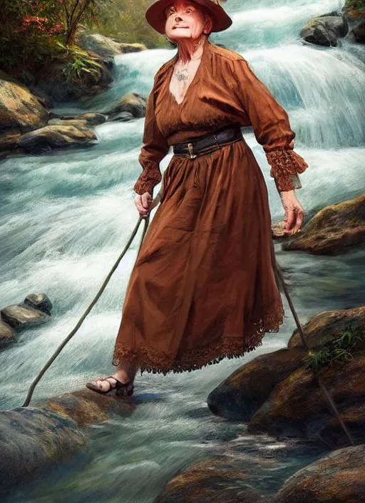 Image similar to photo of a gorgeous old young woman dressed as a man, climbing a river in the style of stefan kostic, realistic, sharp focus, 8k high definition, insanely detailed, intricate, elegant, art by stanley lau and artgerm