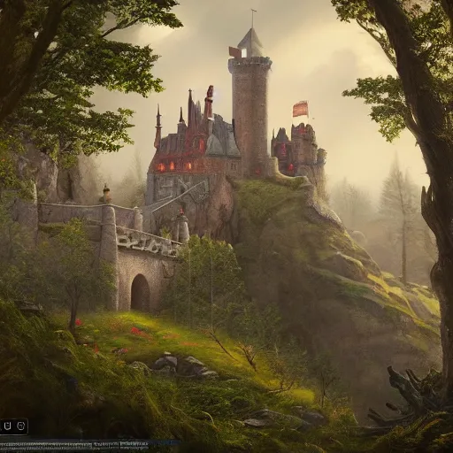 Image similar to a painting of a castle in the middle of a forest, a detailed matte painting by senior environment artist, cgsociety, gothic art, matte painting, rendered in unreal engine, artstation hq