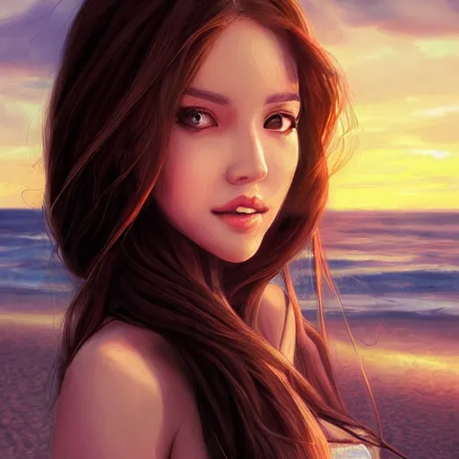 Image similar to portrait of beautiful woman on the beach, brown eyes, sunset, highly detailed, by wlop, rossdraws, artgerm.