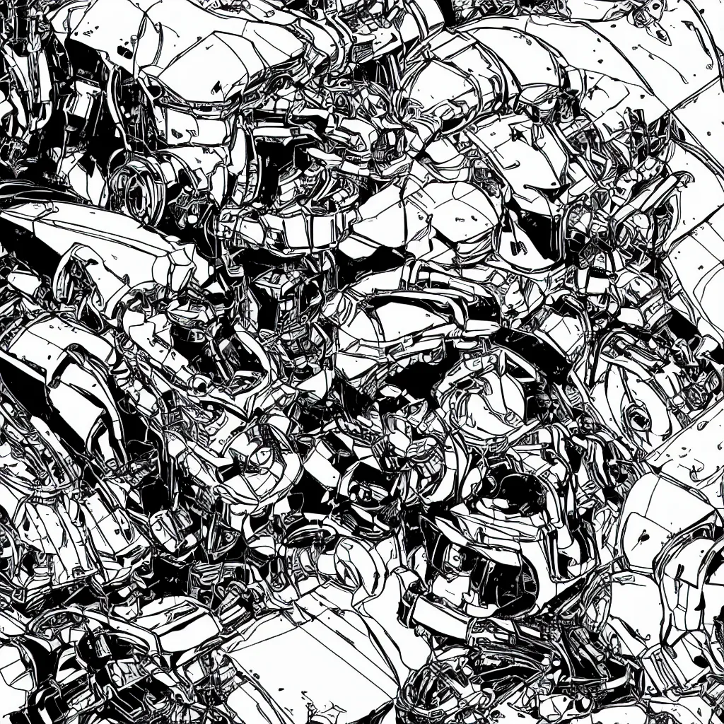 Image similar to a hard surface ultradetailed mechanical robot in middle of nature black and white comic book style