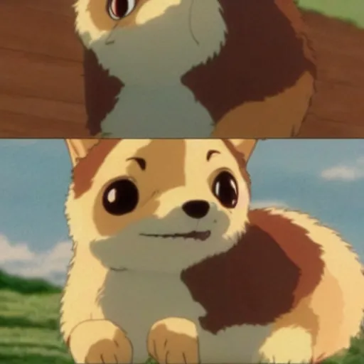 Prompt: the most adorable corgi, smiling, happy, cute, scene from an anime by studio ghibli, hayao miyazaki, spirited away