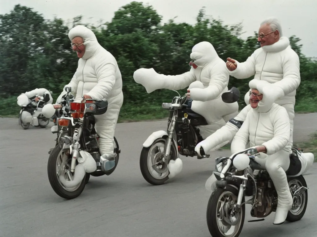 Image similar to a martin parr photo of a grandpa couple, wearing michelin man white body costumes, going super fast on a motorbike, 1 9 7 0 s kodachrome colour photo, flash on camera,