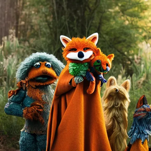 Image similar to a chibi foxfolk muppet druid wearing a hooded cloak holding a small muppet animal with a small herd of random muppet animals following behind, sesame street, photograph, photography, ultrarealistic, national geographic