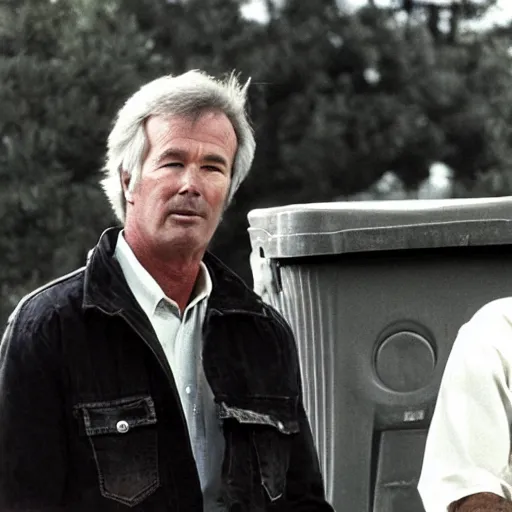 Image similar to kevin tighe with randy mantooth, sitting by a dumpster drinking beer, empty bottles