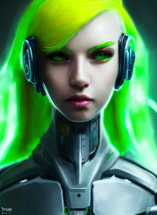 Image similar to detailed portrait of perfect neon green haired girl, android, warframe armor, beautiful, pretty face, yellow cyborg eyes, innocent, scifi, 4 k, sun yunjoo, ultra realistic, aura of light, cinematic lighting, highly detailed, sharp focus, artstation, masterpiece, art by hyungjin yang