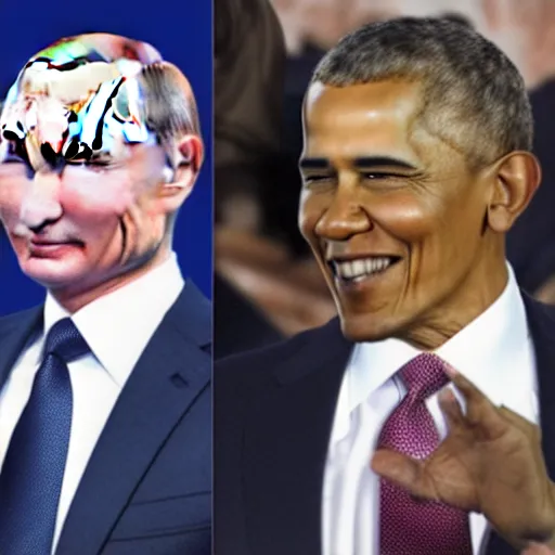 Prompt: putin, trump, obama and bush are having a lightsabber fight and smiling