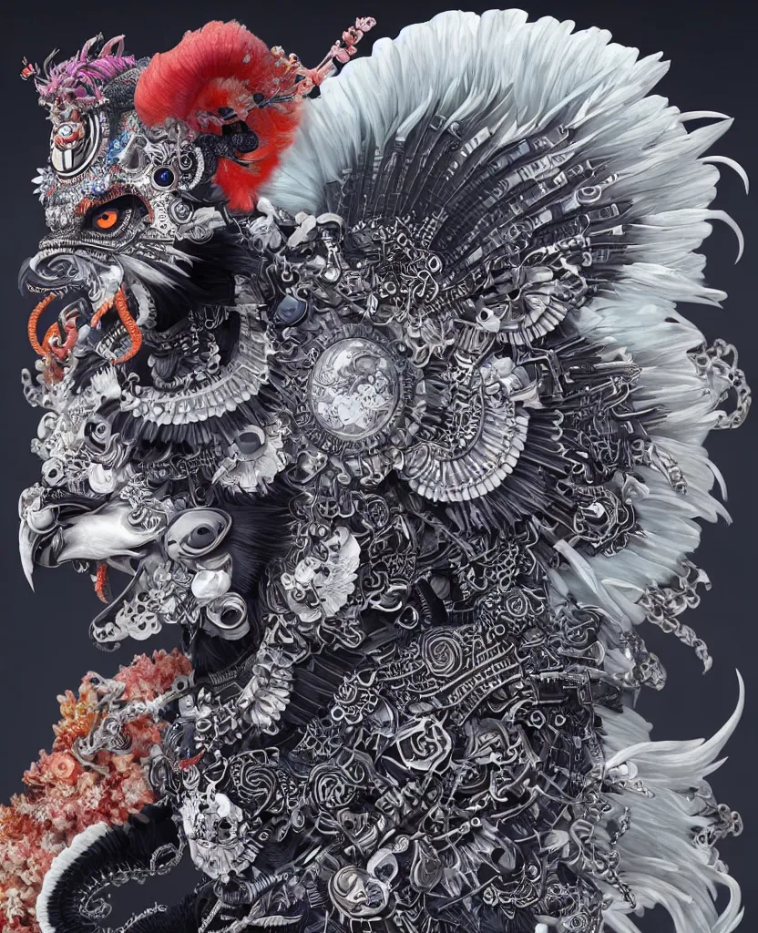 Image similar to 3 d goddess close - up profile portrait punk with mohawk with ram skull. beautiful intricately detailed japanese crow kitsune mask and clasical japanese kimono. betta fish, jellyfish phoenix, bio luminescent, plasma, ice, water, wind, creature, artwork by tooth wu and wlop and beeple and greg rutkowski