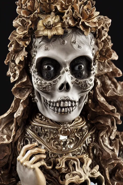 Image similar to full view of an intricate and detailed La Catrina statue made on polished bronze with scars sculpted by Bernini and Nicola Samori, style of Maxfield Parrish and Bastien Lecouffe-Deharme, ultra realistic, volumetric light