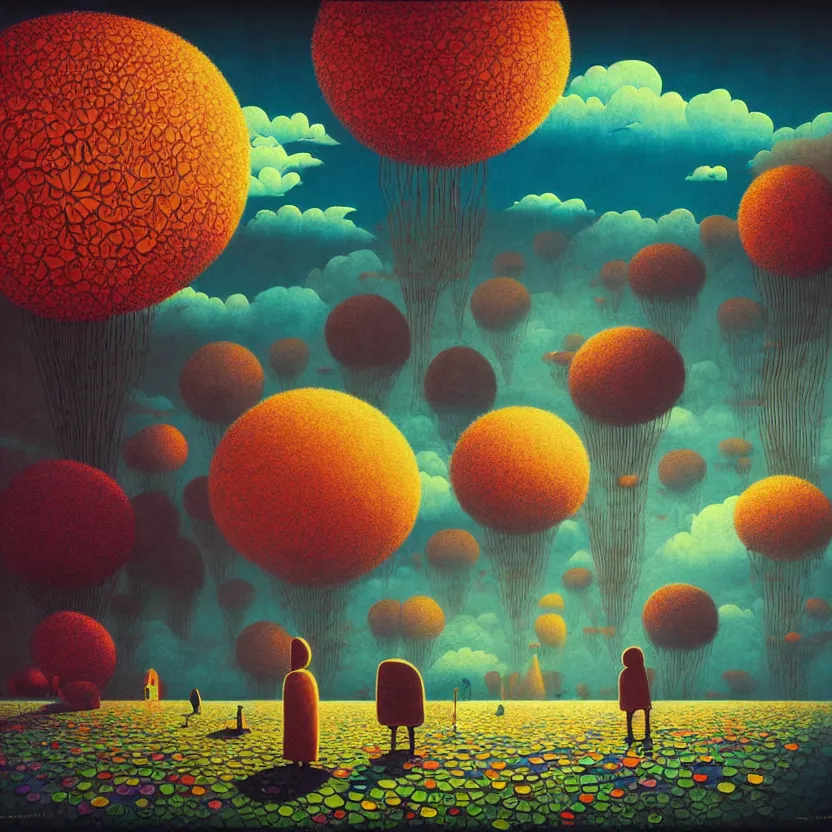 Prompt: surreal glimpse into other universe, zeppelin, island, summer morning, very coherent and colorful high contrast, art by! gediminas pranckevicius! geof darrow, volumetric lighting, cinematic, floralpunk screen printing woodblock, dark shadows, hard lighting, stipple brush