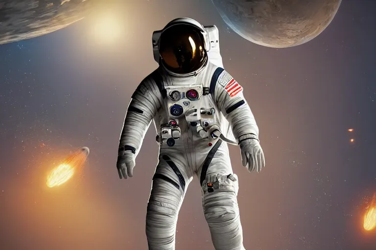 Prompt: astronaut in space wearing a spacesuit floating, earth explosion in background, highly detailed, photorealistic portrait, bright studio setting, studio lighting, crisp quality and light reflections, unreal engine 5 quality render