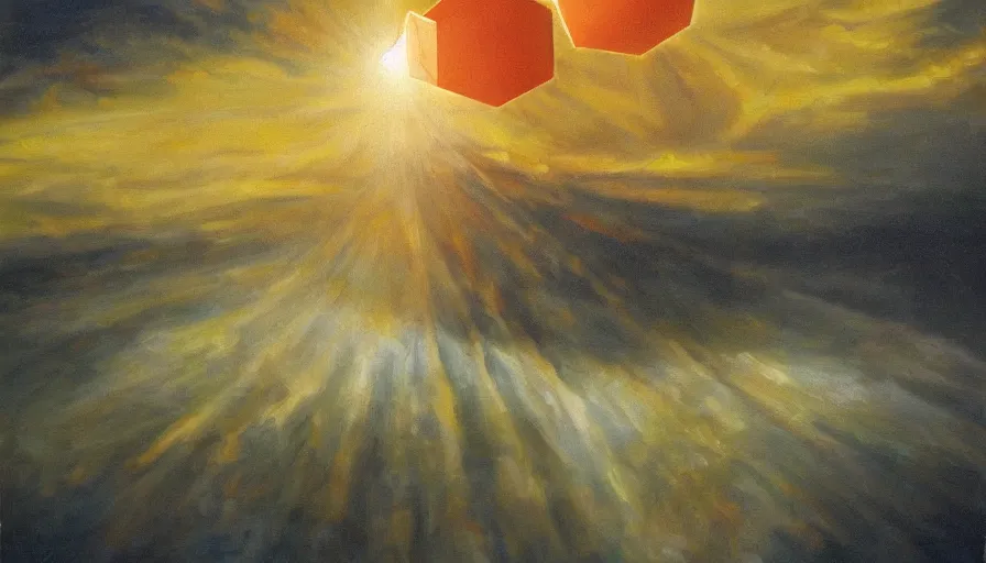 Image similar to the sun being blocked by a hexagon, earth in the foreground, oil painting