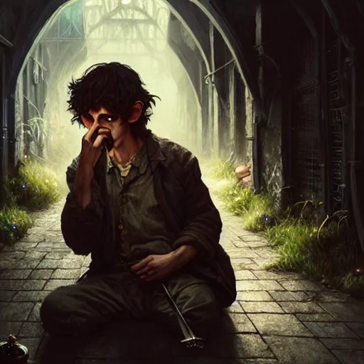 Image similar to Drug addict hobbit smoking in a dark alley, ultra realistic, concept art, intricate details, dark, highly detailed, photorealistic, octane render, 8k, unreal engine, art by artgerm and greg rutkowski and alphonse mucha