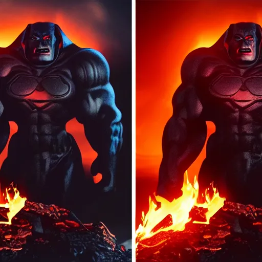 Image similar to darkseid in a dark suit with glowing eyes standing in front of a fire, a photocopy by zack snyder, cgsociety, antipodeans, # vfxfriday, reimagined by industrial light and magic, movie still