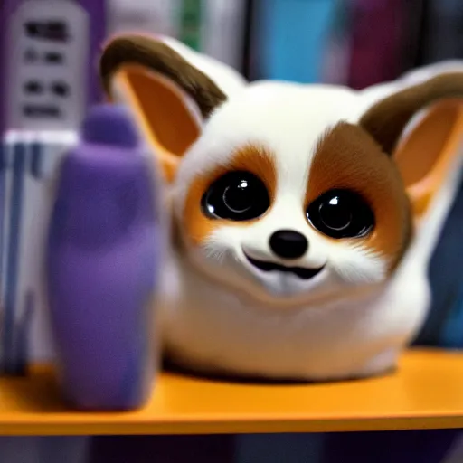 Image similar to a corgi furby toy on a store shelf, close - up photo, uncanny, nostalgic