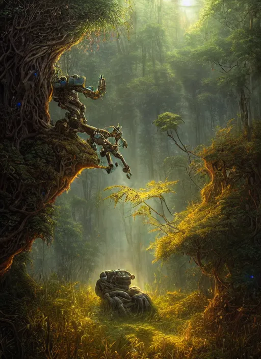 Image similar to Ancient overgrown Robot laying in a clearing, extremly detailed digital painting, sunlight, in the style of Tomasz Alen Kopera and Fenghua Zhong and Peter Mohrbacher, mystical colors, rim light, beautiful lighting, 8k, stunning scene, raytracing, octane, trending on artstation