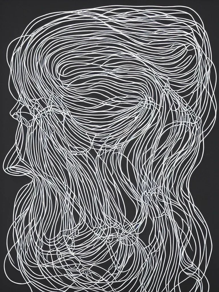 Image similar to elegant minimalist metal wire art of symmetrical and emotional dramatic female facial features and silhouette, influenced by one line drawings, curves, twirls and spirals