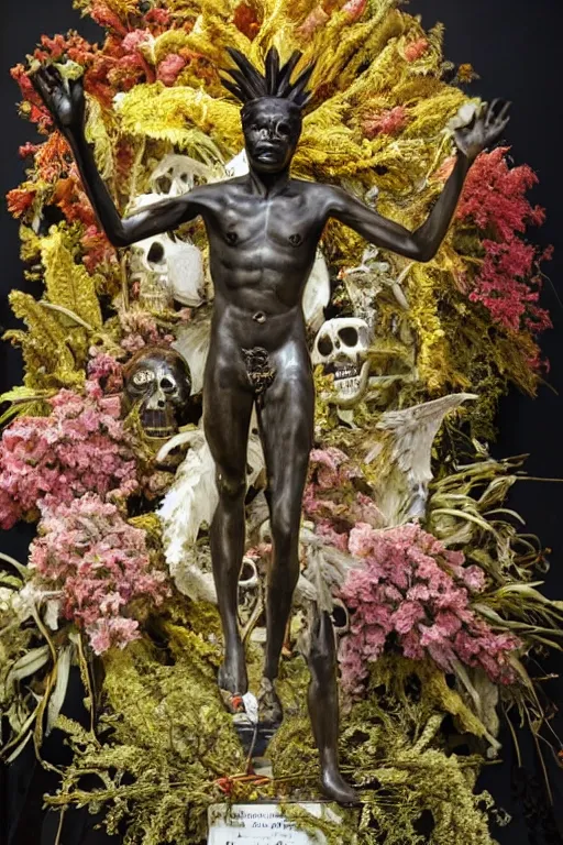 Prompt: Jean-Michel Basquiat as a bronze full-body statue of Icarus in the position of spreading his arms like a bird , glowing quartz crystal skull, wreath of ferns, flowing sakura-colored silk, fabric, flowers. baroque elements, human skull. full-length view. baroque element. intricate artwork by caravaggio. many many birds birds on background. Trending on artstation. halo. octane render, cinematic, hyper realism, octane render, 8k, depth of field, 3D