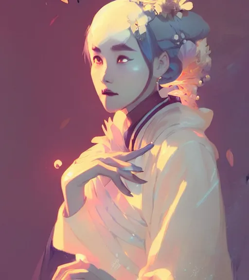 Image similar to portrait of a female immortal in amazing chinese dress 汉 服 by atey ghailan, by greg rutkowski, by greg tocchini, by james gilleard, by joe fenton, by kaethe butcher, dynamic lighting, gradient light blue, brown, blonde cream and white color scheme, grunge aesthetic