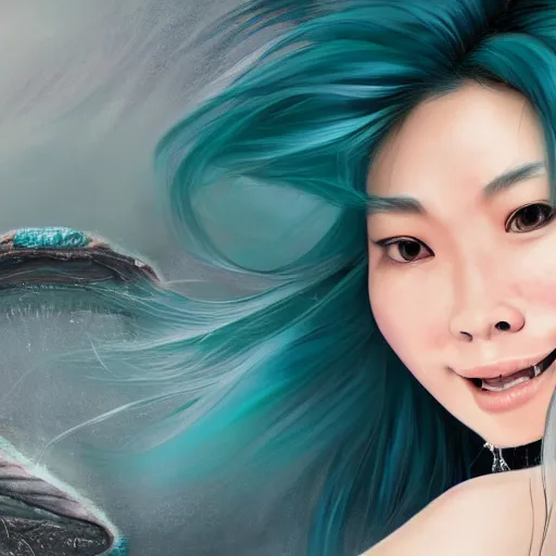 Prompt: A beautiful Asian actress with Turquoise hair smiling and taking a selfie inside the mouth of 'Jaws', diffuse lighting, fantasy, intricate, elegant, highly detailed, lifelike, photorealistic, digital painting, artstation, illustration, concept art, smooth, sharp focus, art by John Collier and Albert Aublet and Krenz Cushart and Artem Demura and Alphonse Mucha”