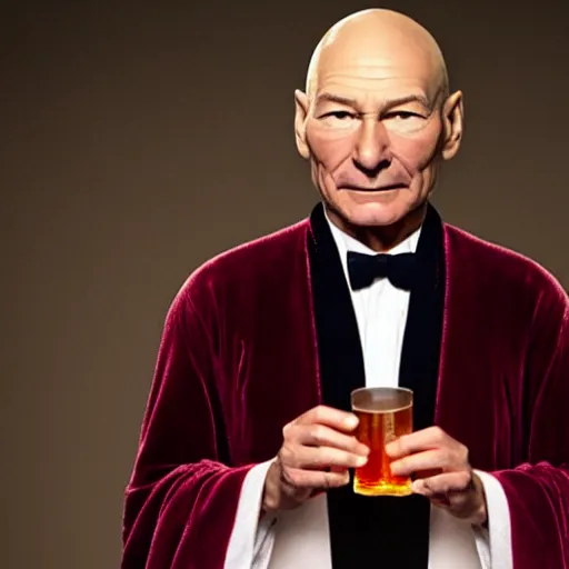 Prompt: patrick stewart drinking alcohol dressed in gown