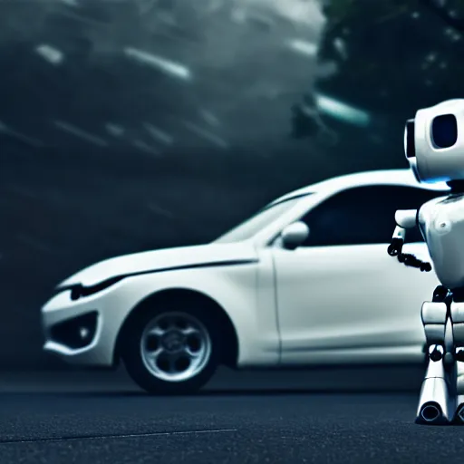 Prompt: a cute little robot at front of a car. super realistic 8 k render of a dark hooded powerful elegant, cinematic composition