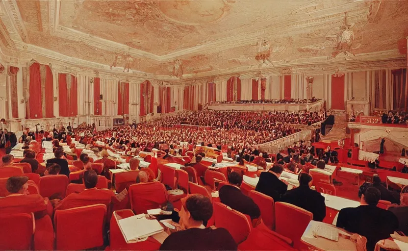 Prompt: 60s movie still of a CCCP congress in a stanilist style palace interior, by Irving Penn , cinestill 800t 35mm eastmancolor, heavy grainy picture, very detailed, high quality, 4k, HD criterion, precise texture