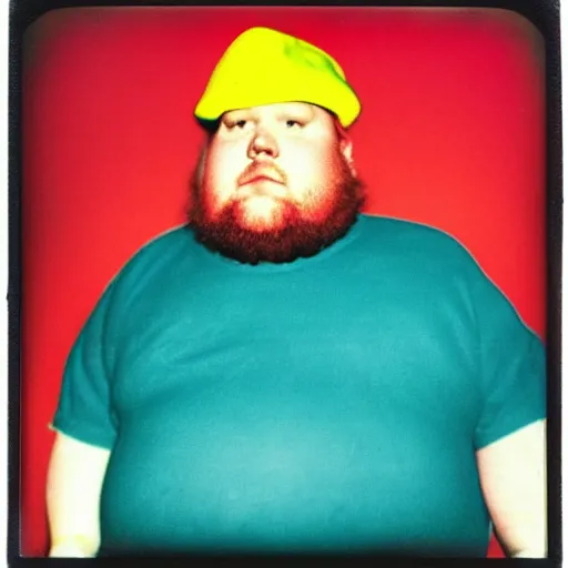 Image similar to color polaroid portrait of a fat man as taken by andy warhol. photography, instant photography, color accurate, photographer, film, integral print, studio