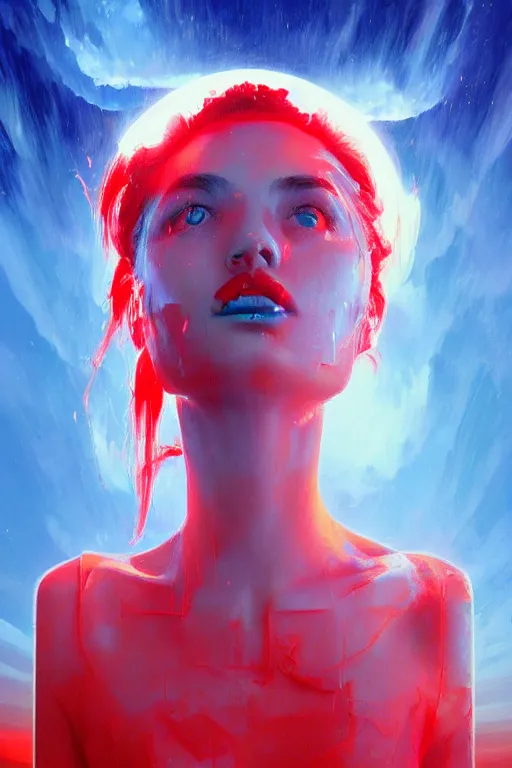 Image similar to 3 d, sci - fi, sun, sleepy fashion model face, sun, cinematic, lightning clouds, vogue cover style, stanley kubrick, light red and deep blue mood, realistic painting, intricate oil painting, high detail, figurative art, multiple exposure, poster art, 3 d, by tooth wu and wlop and beeple and greg rutkowski