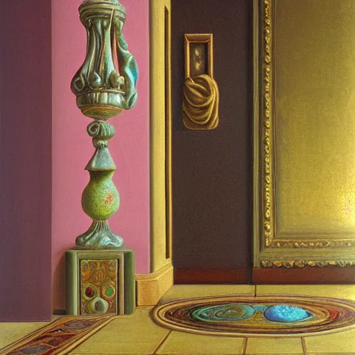 Prompt: still life renaissance pastel painting of a room with a marbled pedestal displaying an ancient holy artifact medallion, chromed and ornate with gentle iridescent shine from within. perspective from the side. realistic light and shadows. moody final fantasy art