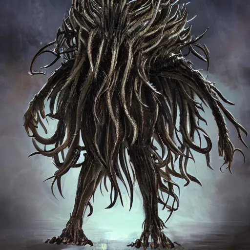 Image similar to photorealistic concept art of A long 100 armed beast-god, a huge body covered with deep bristles, and glowing eyes, icon