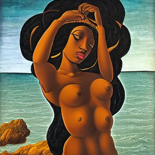 Prompt: full body painting Botticelli Black African goddess rising from the sea, in the style of Botticelli Venus