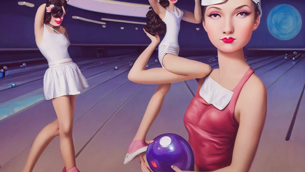 Image similar to art deco bowling alley, cute girl bowling, photo, ultra detail, photoreal, professionally retouched, soft moonlight lighting, shiny plastic miniskirt, realistic, smooth face, goddess, luscious lips, perfect eyes, wide angle, sharp focus on eyes, 8 k high definition, insanely detailed, intricate, elegant, art by artgerm and wlop