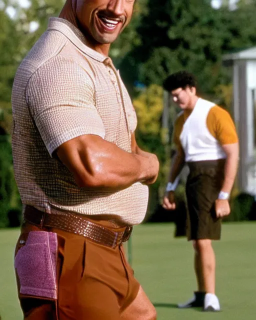 Prompt: Film still close-up shot of dwayne johnson as happy gilmore from the movie happy gilmore. Photographic, photography