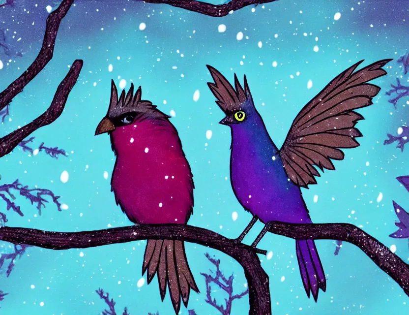 Prompt: magical, supernatural fae bird in the winter woods. limited but vibrant palette, 2 d animation from the 2 0 1 0 s, backlighting, bold composition, depth of field.