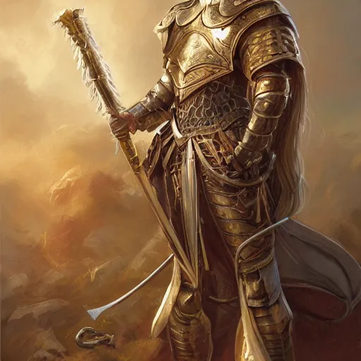 Image similar to Beautiful male cleric with long flowing blonde hair wearing burnished bronze armour emblazoned with a swan on the breastplate wielding a magical scimitar embossed with the phases of the moon, fantasy D&D character, portrait art by Donato Giancola and Bayard Wu, digital art, trending on artstation, 4k