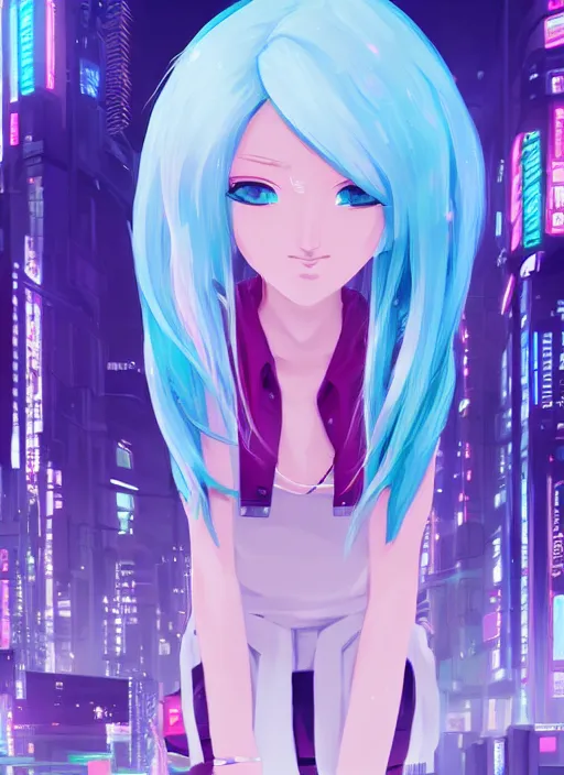 Prompt: woman with pink hair and blue eyes, wearing a white and turquoise colored outfit, cyberpunk city landscape, 4k, anime key visual, lois van baarle, ilya kuvshinov, rossdraws, artstation
