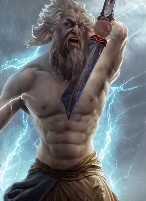 Image similar to close-up of character concept portrait of Zeus conjuring a violent void multiversal powerful lightning, a floating iridescent blade sword of chaos from God of War in the center, intricate, elegant, digital painting, concept art, smooth, sharp focus, illustration, by WLOP and Ruan Jia and Mandy Jurgens and William-Adolphe Bouguereau, Artgerm