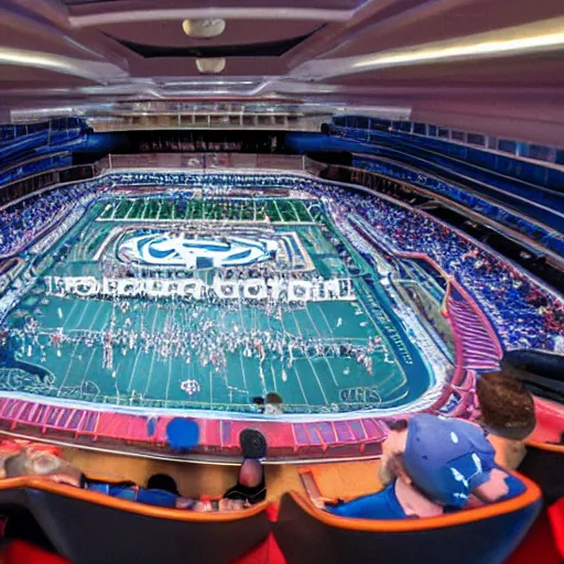 Prompt: an American football game being played inside a cruise ship, 4k action shot