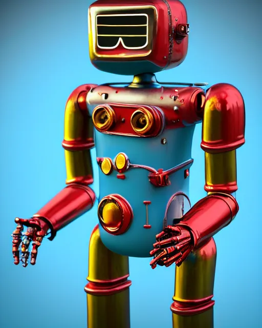 Prompt: highly detailed closeup, face profile portrait of a tin toy retro 1 9 5 0 s robot, bikini, unreal engine, max fleischer, global illumination, detailed and intricate environment