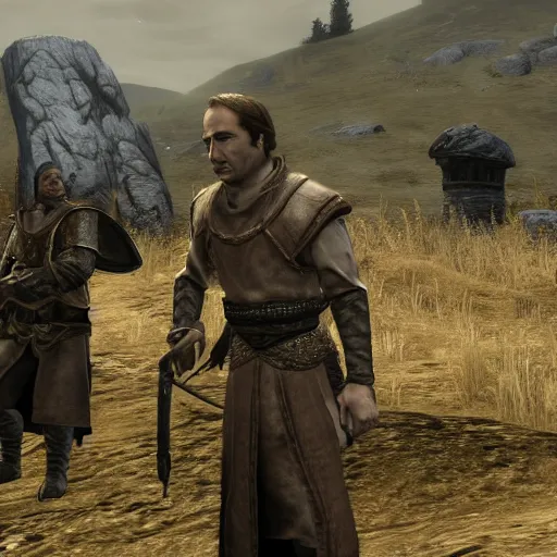 Prompt: saul goodman in helgen detained by imperial soldiers, tamriel, elder scrolls, skyrim, alduin, npc, raggy business suit, highly detailed