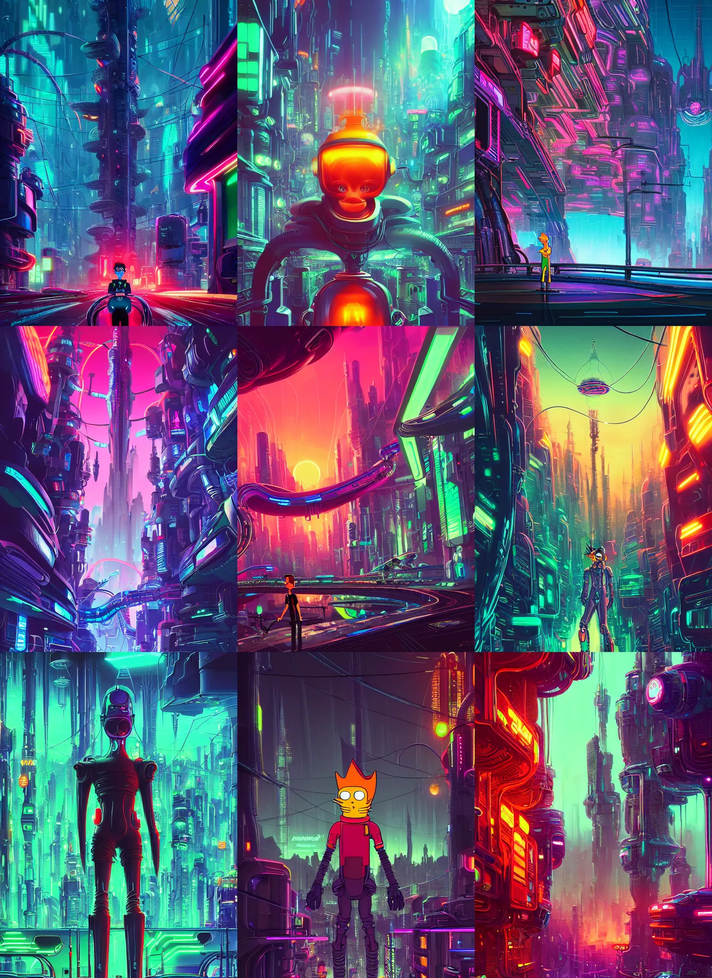 Prompt: philip j. fry from futurama inside an scifi tentacles wires futuristic city, beautiful neon cats, cinematic, highly detailed, photorealistic, rich bright colors, trending on artstation, giger, tsutomu nihei, trending on cgsociety, awe inspiring bruce pennington cityscape, digital art painting of 1 9 6 0 s