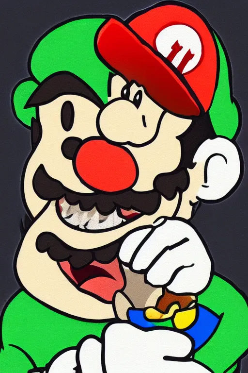 Image similar to mario devouring luigi in the style of saturn devouring his son by goya, digital art, canvas, goya, extremely detailed, clear facial features, grotesque